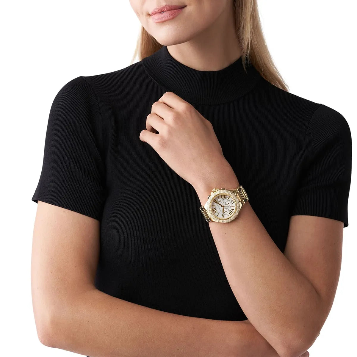 Michael Kors Camille gold chronograph watch worn on wrist