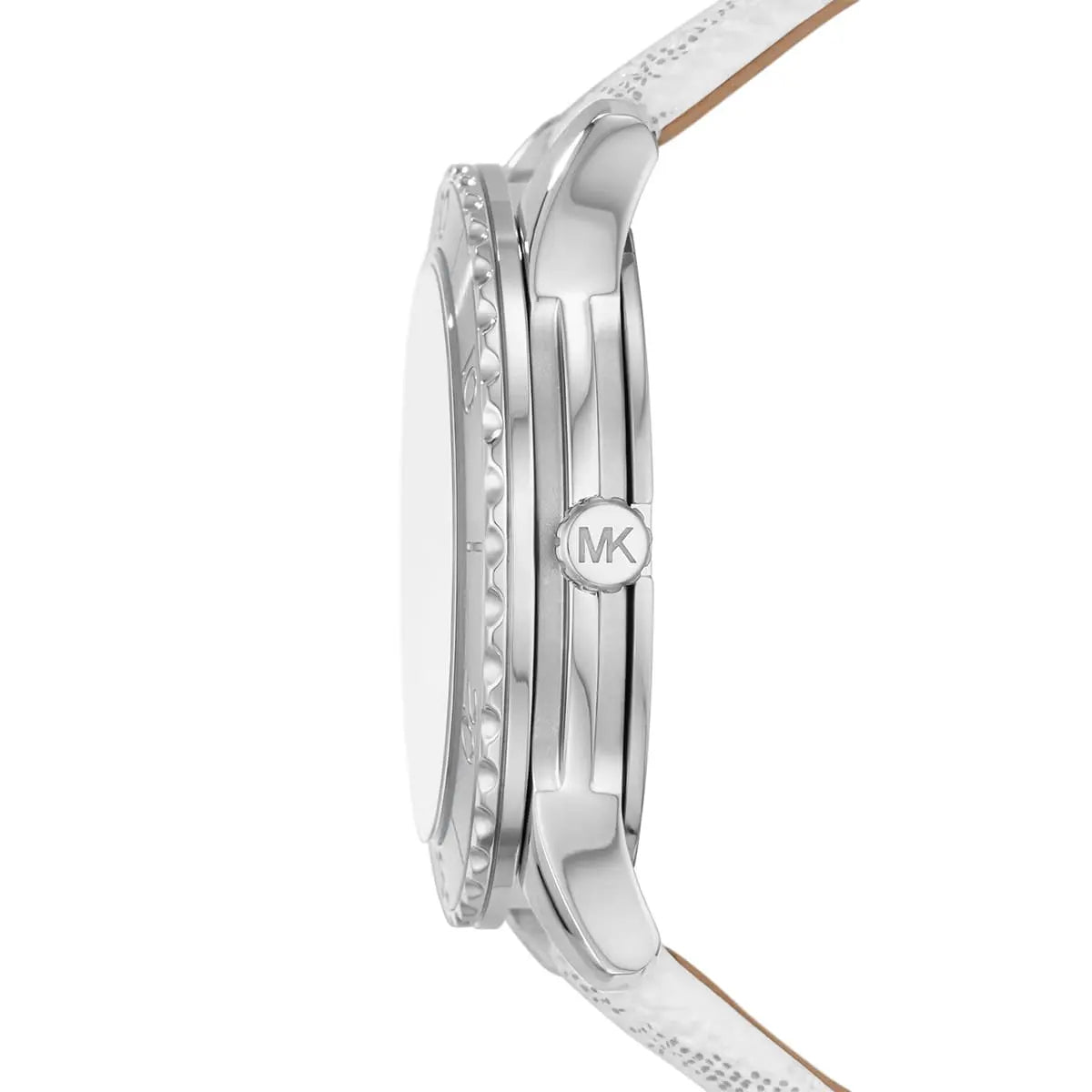 Michael Kors Runway watch side profile showing silver-tone case depth and MK logo charm