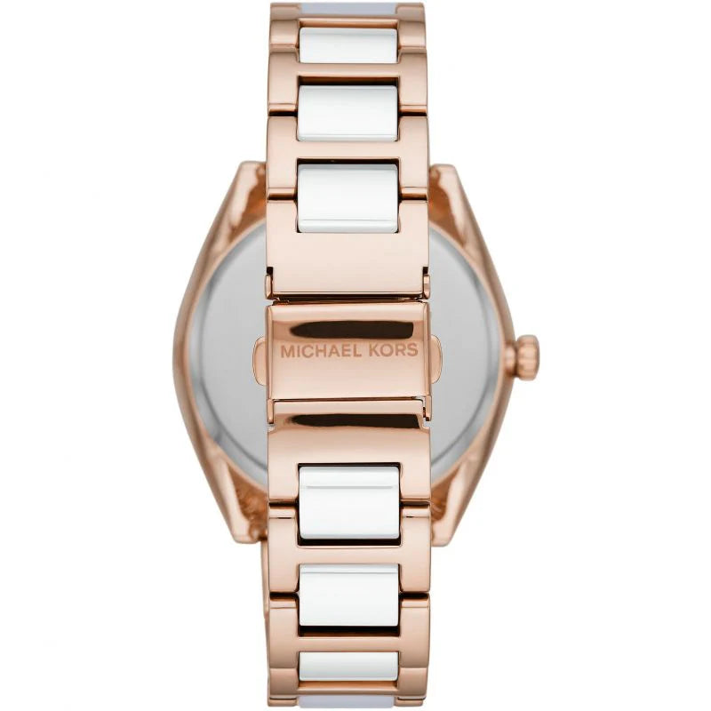 Caseback view of Michael Kors Janelle watch with rose gold and white acetate strap