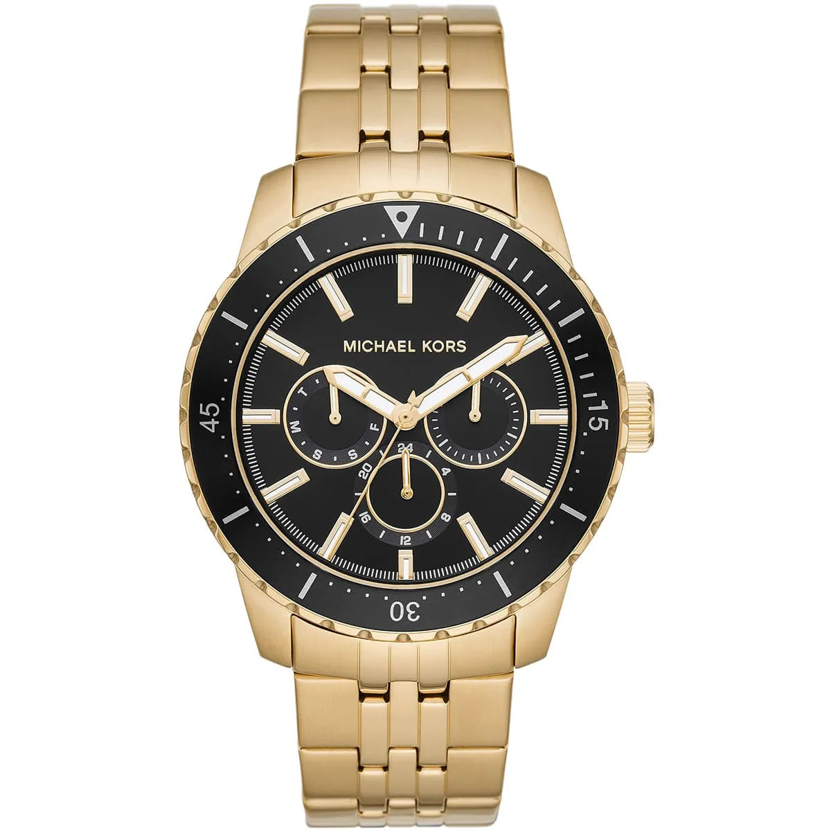 Michael Kors Cunningham men's watch with black dial, chronograph subdials, and gold-tone stainless steel bracelet