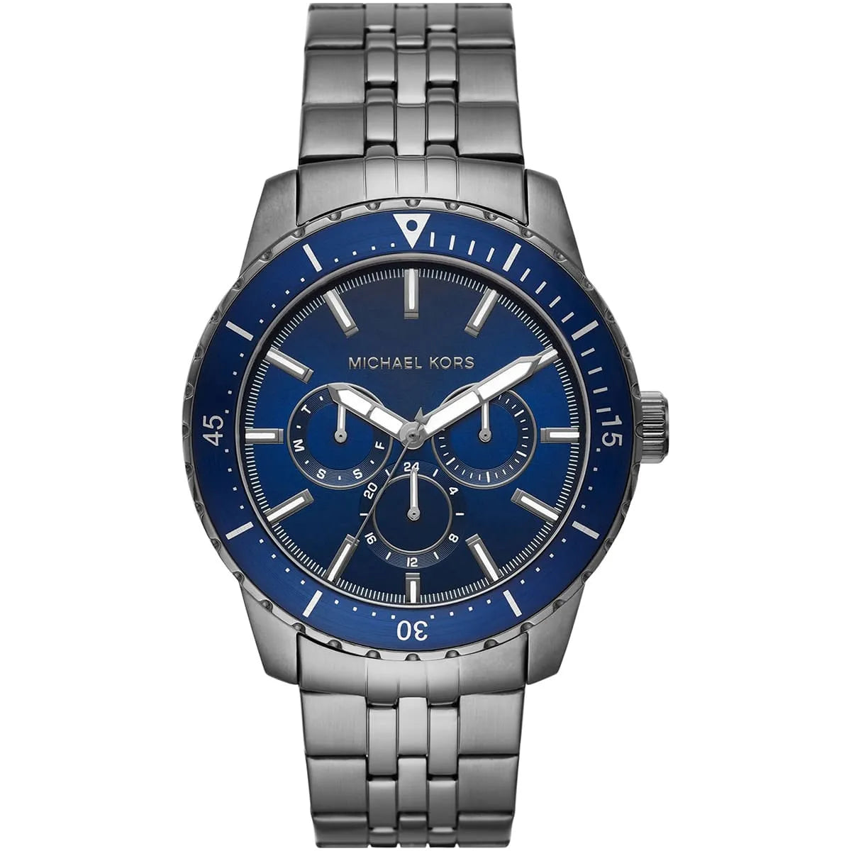 Michael Kors Cunningham MK7155 men's chronograph watch with blue dial and gunmetal stainless steel bracelet