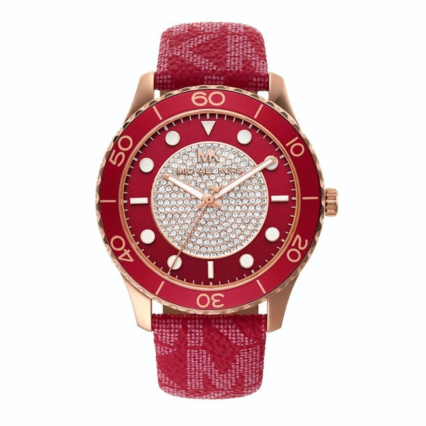 Michael Kors MK7179 Runway Dive watch with pavé dial, red ceramic bezel, and MK logo on canvas