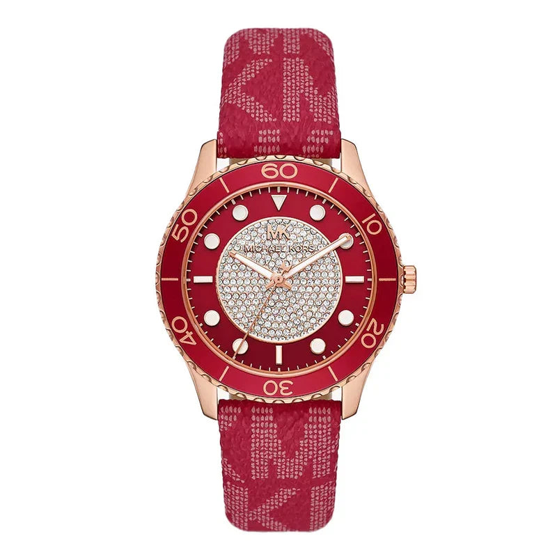 Michael Kors MK7179 red dial women's watch with pavé markers, red bezel, and red canvas strap