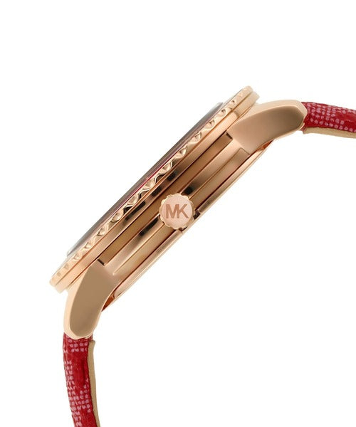 Michael Kors MK7179 side view showing rose-gold case profile and red canvas strap
