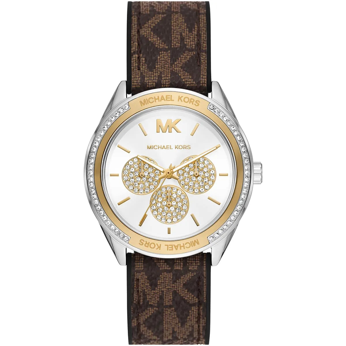 Michael Kors Jessa silver sunray dial women's watch with crystal bow design and brown PVC strap
