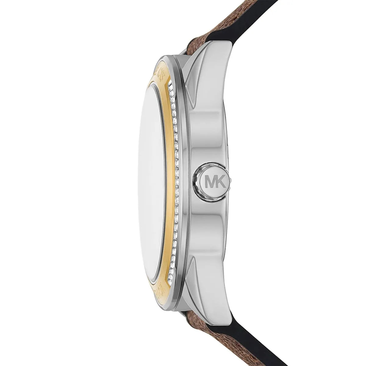 Michael Kors Jessa watch side view showing silver stainless steel case with crystal bezel