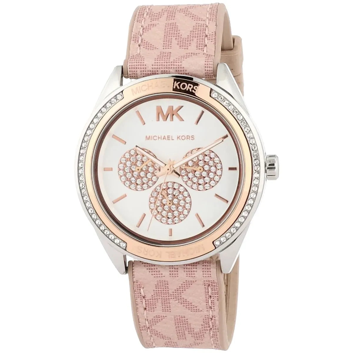 Michael Kors Jessa watch angled view showing dial with crystal-embellished elements and pink patterned strap