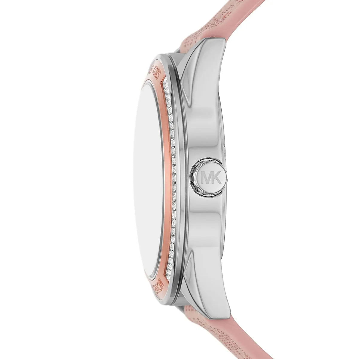 Michael Kors Jessa watch side profile showing case thickness, bezel, pink strap, and crown detail