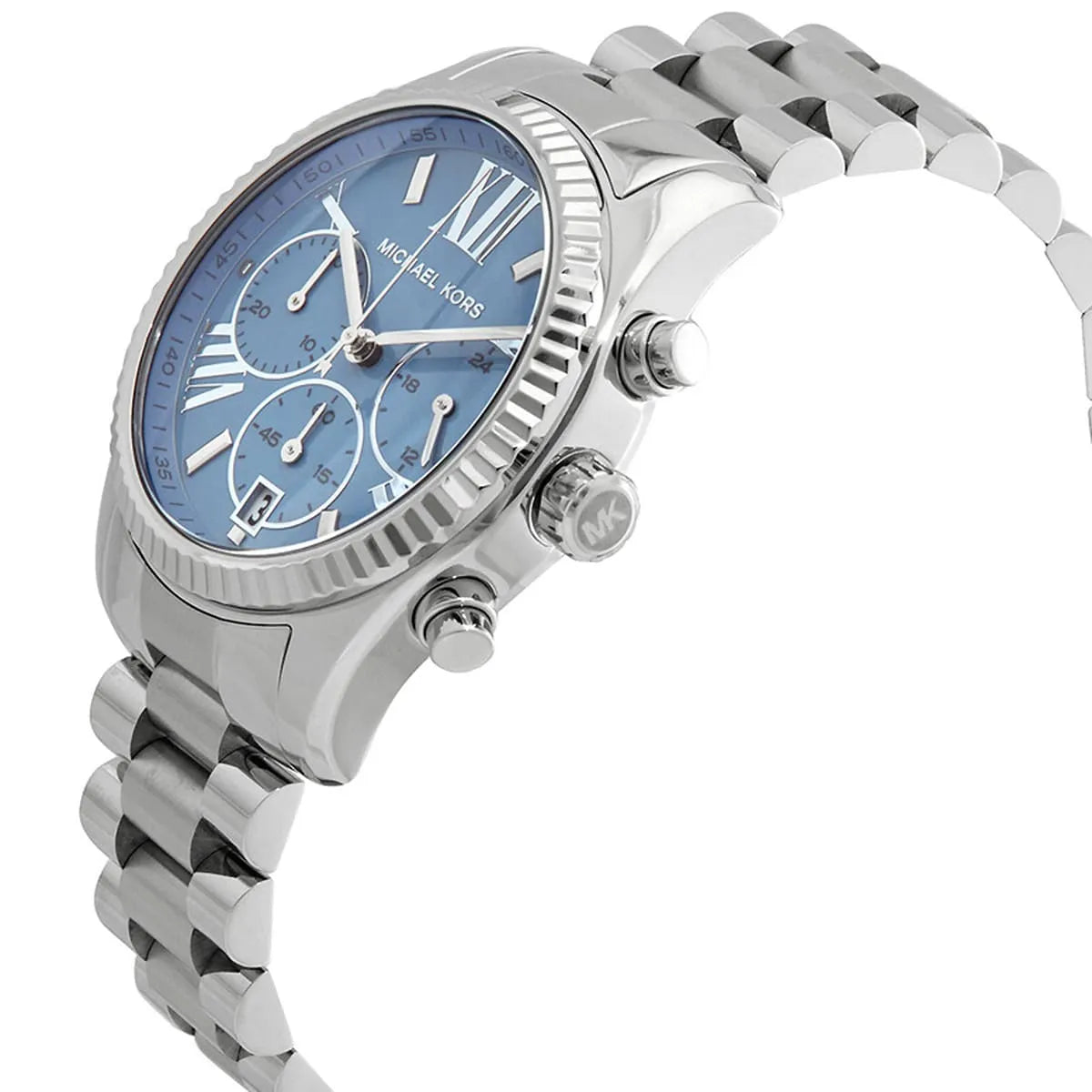 Michael Kors Lexington chronograph watch angled view showing fluted bezel and chronograph pushers