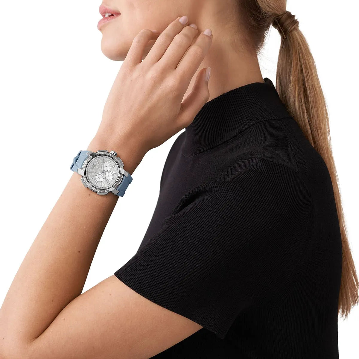 Michael Kors Oversized Sidney Multifunction Silver Dial Chambray Blue Silicone Women's Watch - MK7220