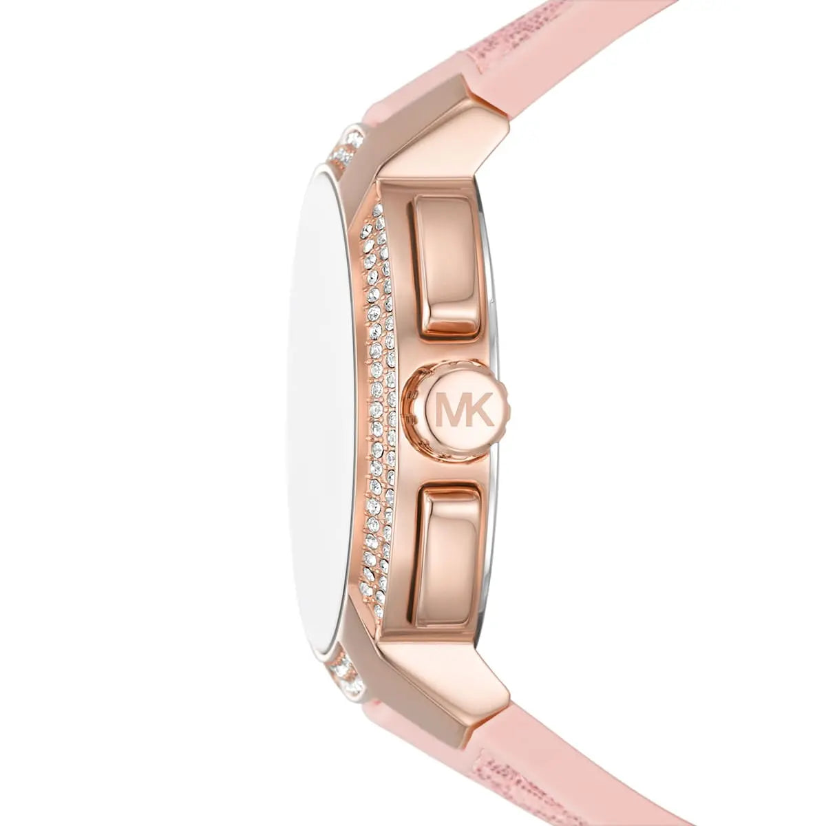 Side view of Michael Kors Sidney watch showing rose gold case with MK logo and pink polyurethane strap