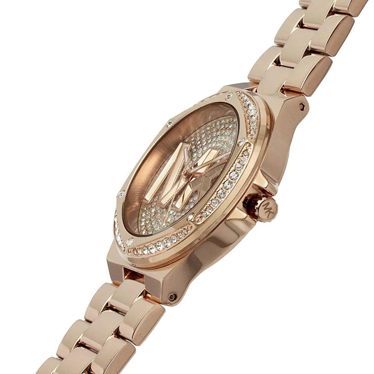 Michael Kors Lennox rose gold watch angled view with crystal dial and metal bracelet