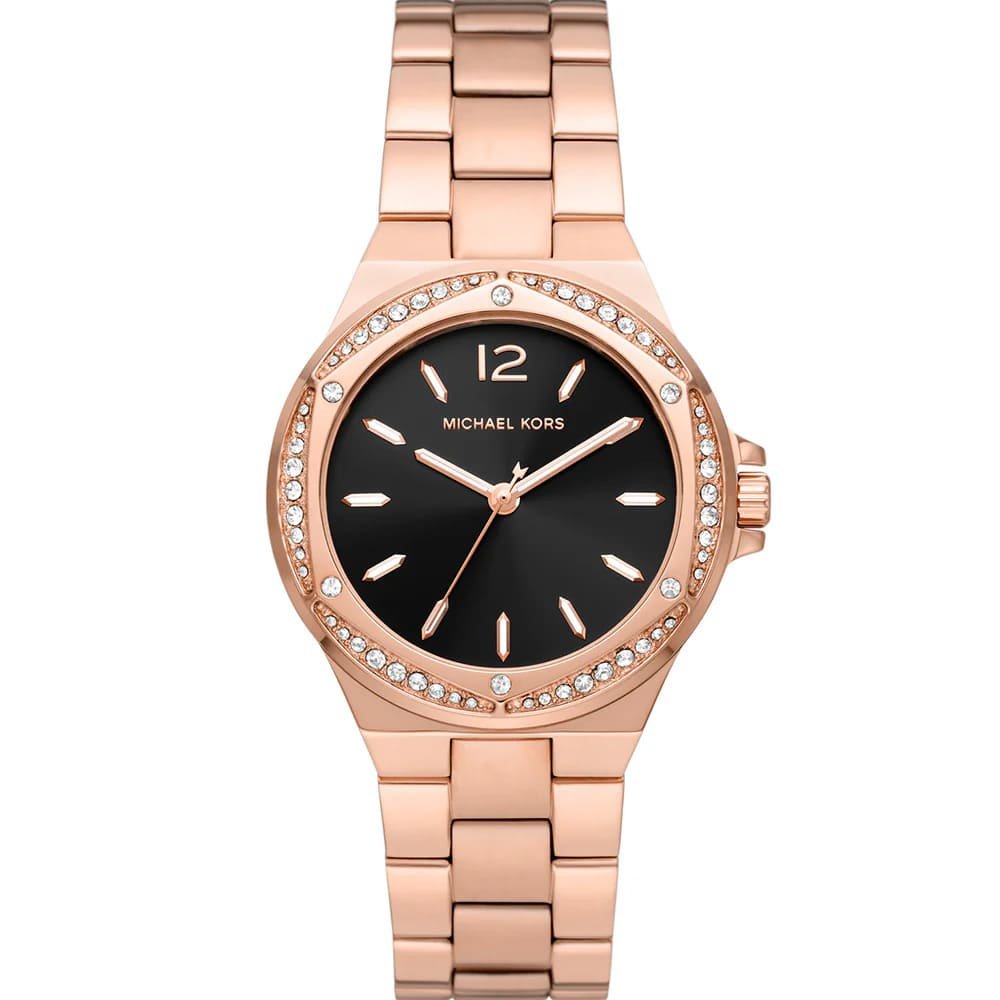 Michael Kors Lennox Pavé women's watch with black dial, rose gold case, crystal bezel, and metal strap