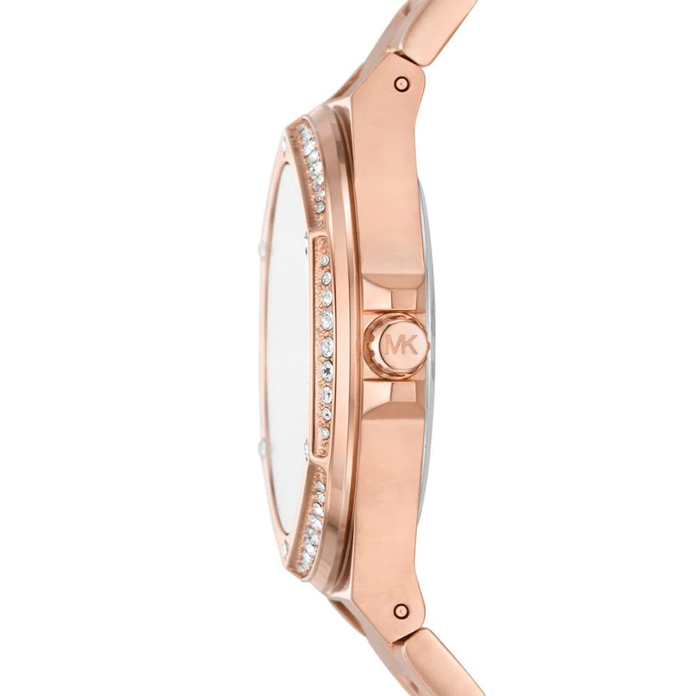 Side view of Michael Kors Lennox Pavé watch showing rose gold case profile and crystal bezel detail
