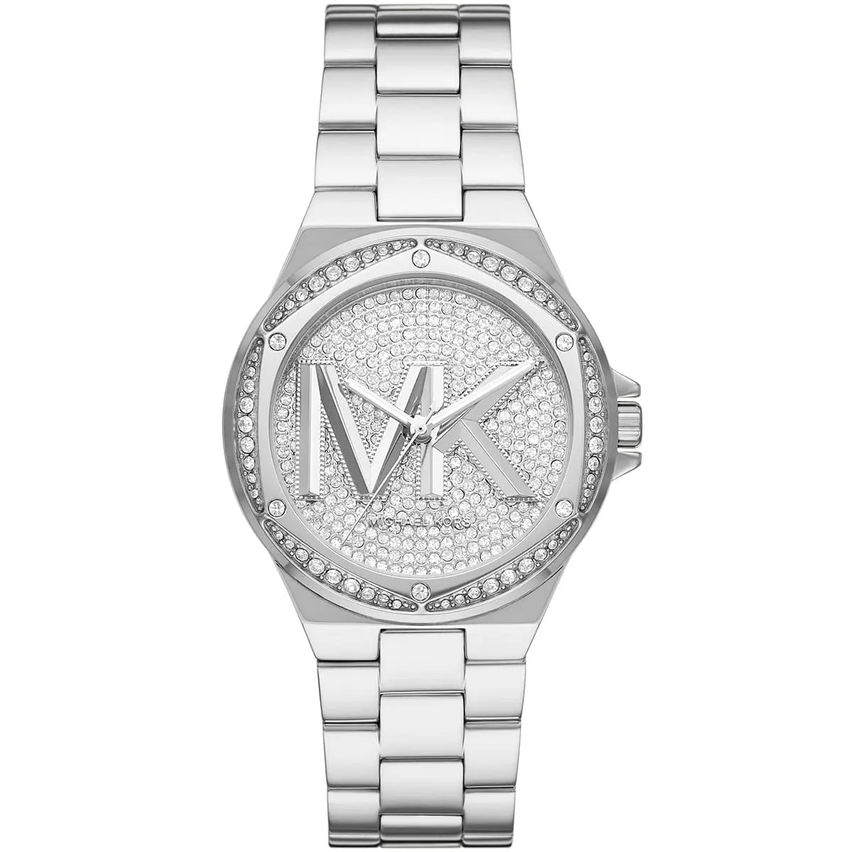 Michael Kors Lennox silver-tone women's watch with crystal pavé dial and MK logo