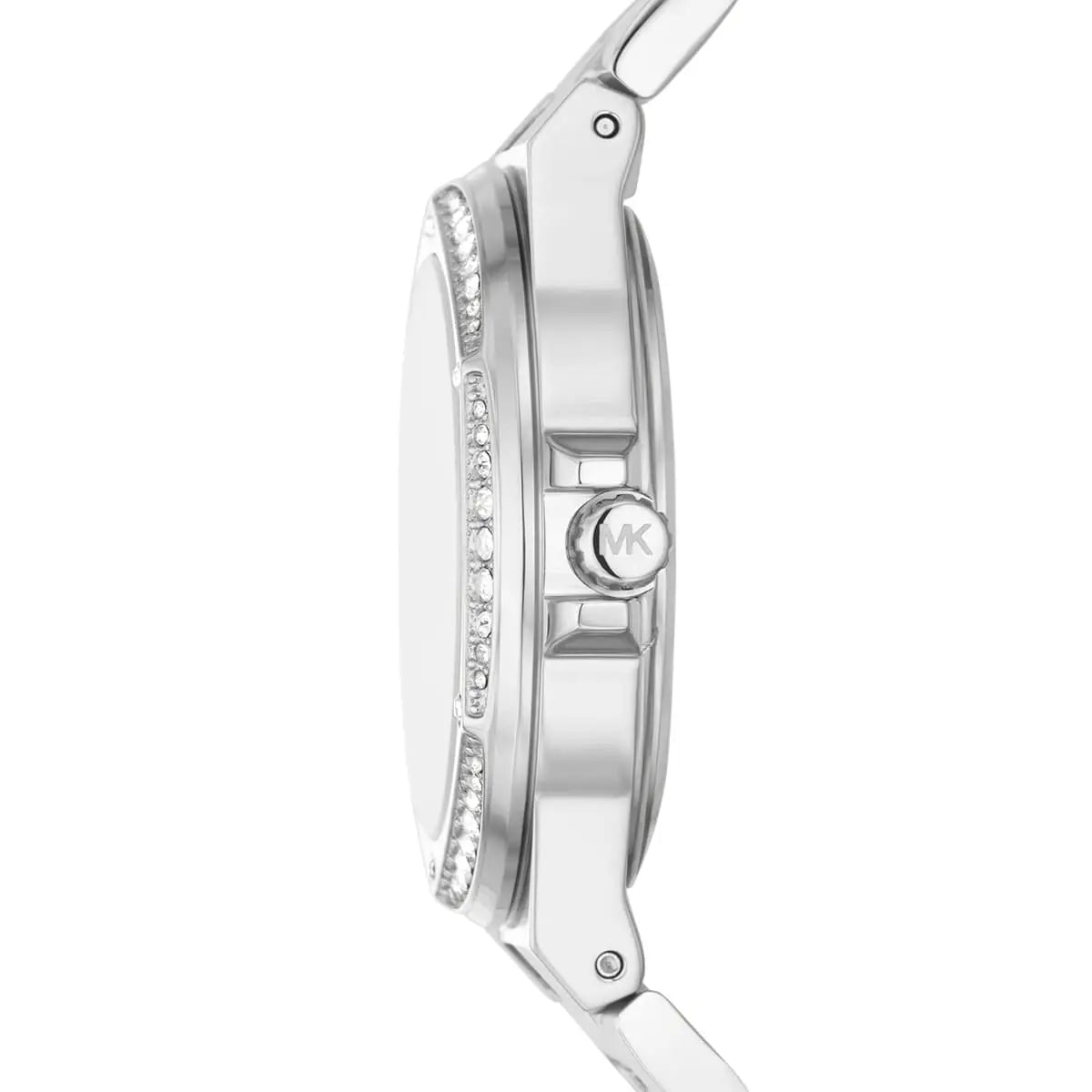 Michael Kors Lennox watch side view showing crystal-set bezel and three-hand dial