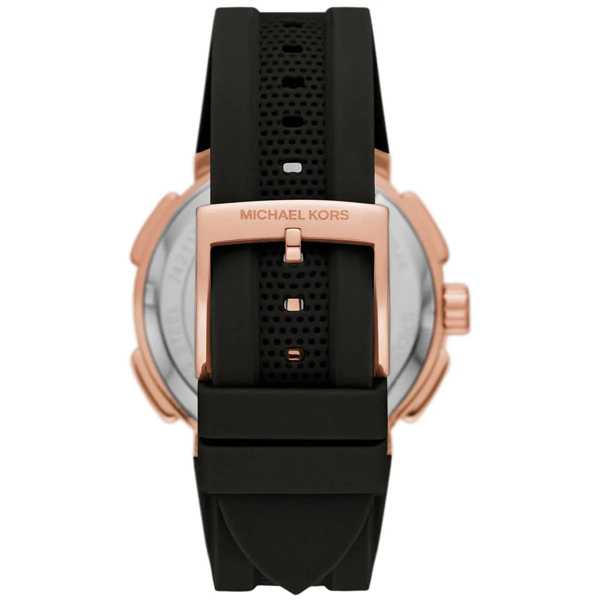 Caseback view of Michael Kors Sidney chronograph showing black rubber strap
