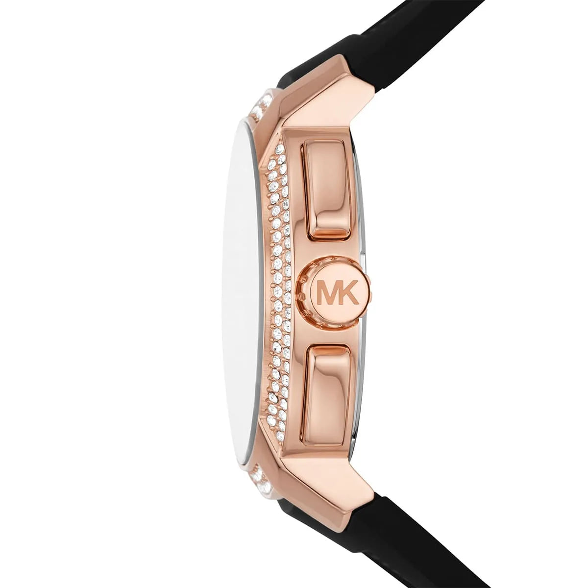 Side view of Michael Kors Sidney watch showing rose gold case and black rubber strap