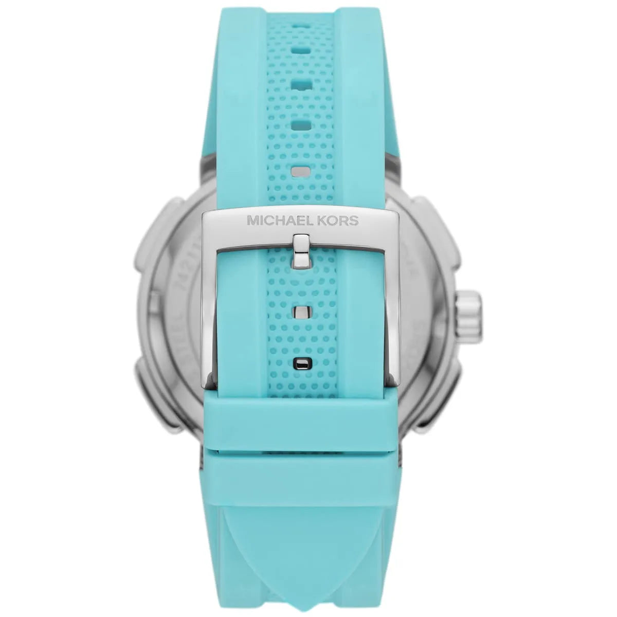 Michael Kors Sidney watch back view displaying turquoise silicone strap with textured pattern