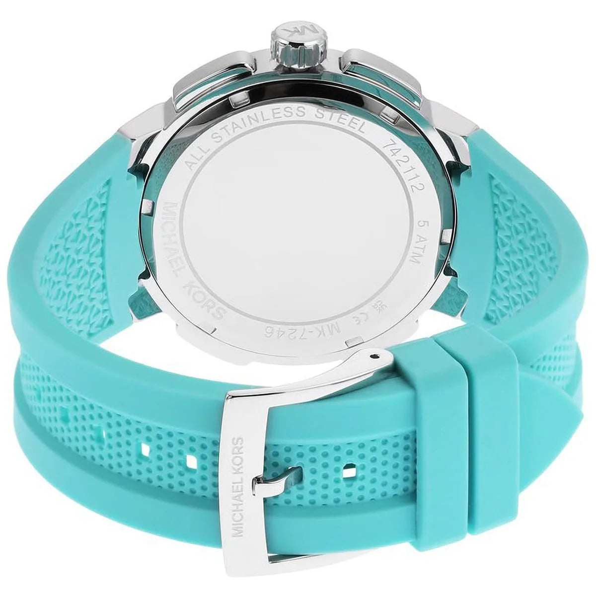 Michael Kors Sidney watch caseback showing stainless steel back and turquoise silicone strap