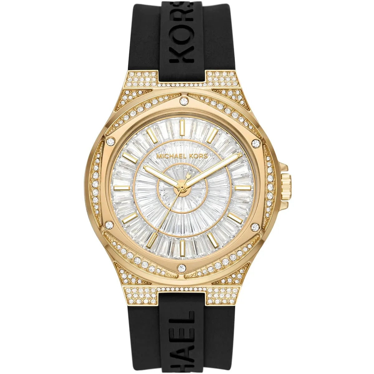 Michael Kors Lennox women's watch with gold-tone case, baguette crystal-set dial, and black silicone strap