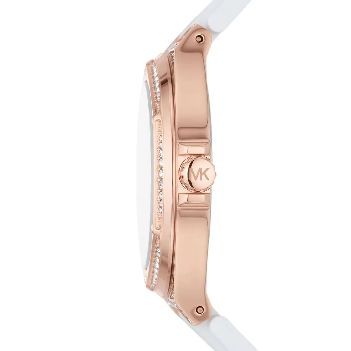 Michael Kors Lennox watch side view showing rose gold-tone case profile and white silicone strap