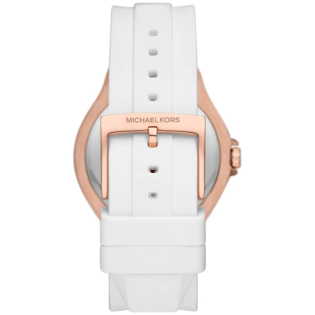 Michael Kors Lennox watch white silicone strap with rose gold-tone case and clasp detail