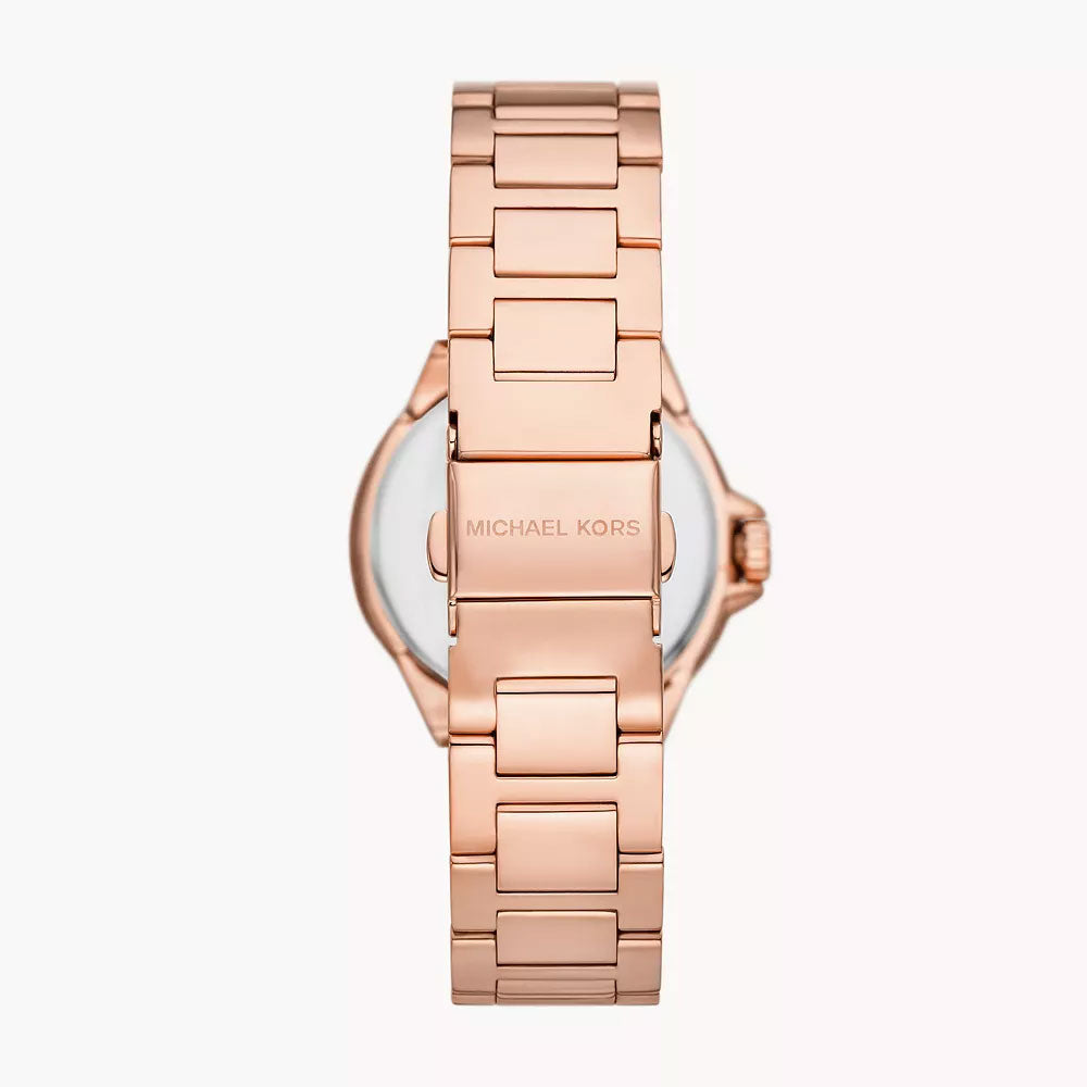 Back view of Michael Kors Mini Camille watch showing caseback and rose gold bracelet