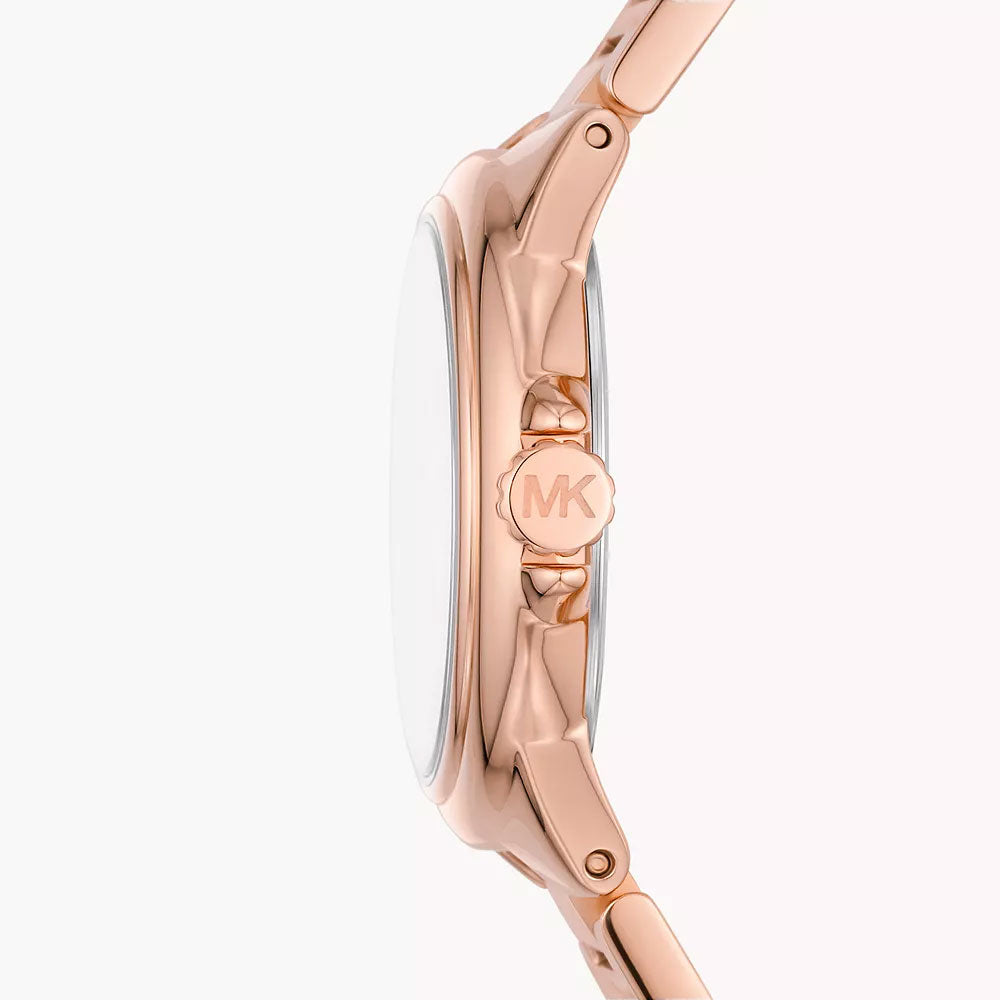 Side view of Michael Kors Mini Camille watch showing rose gold bracelet and MK charm