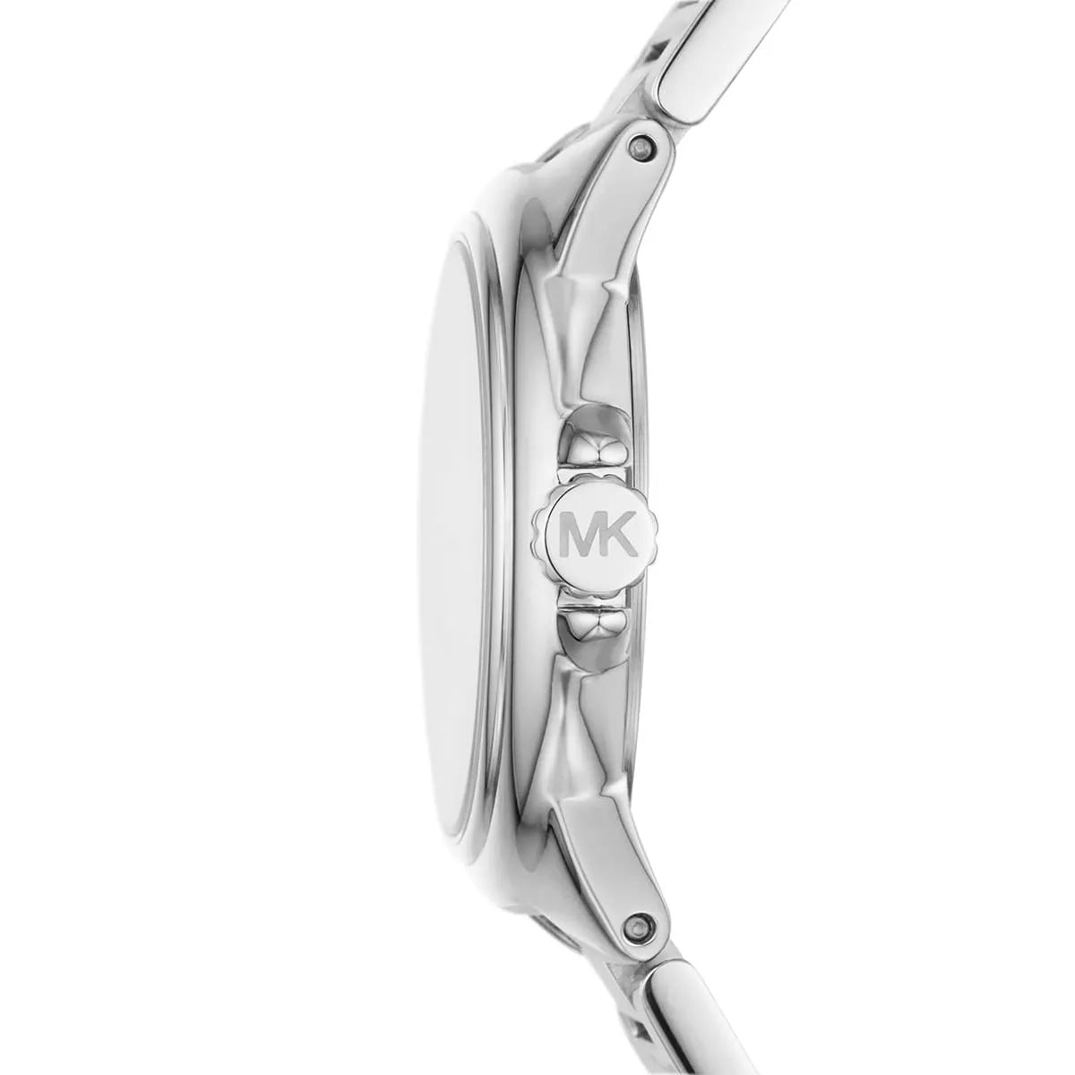 Side profile of Michael Kors Mini Camille showing stainless steel case and metal bracelet