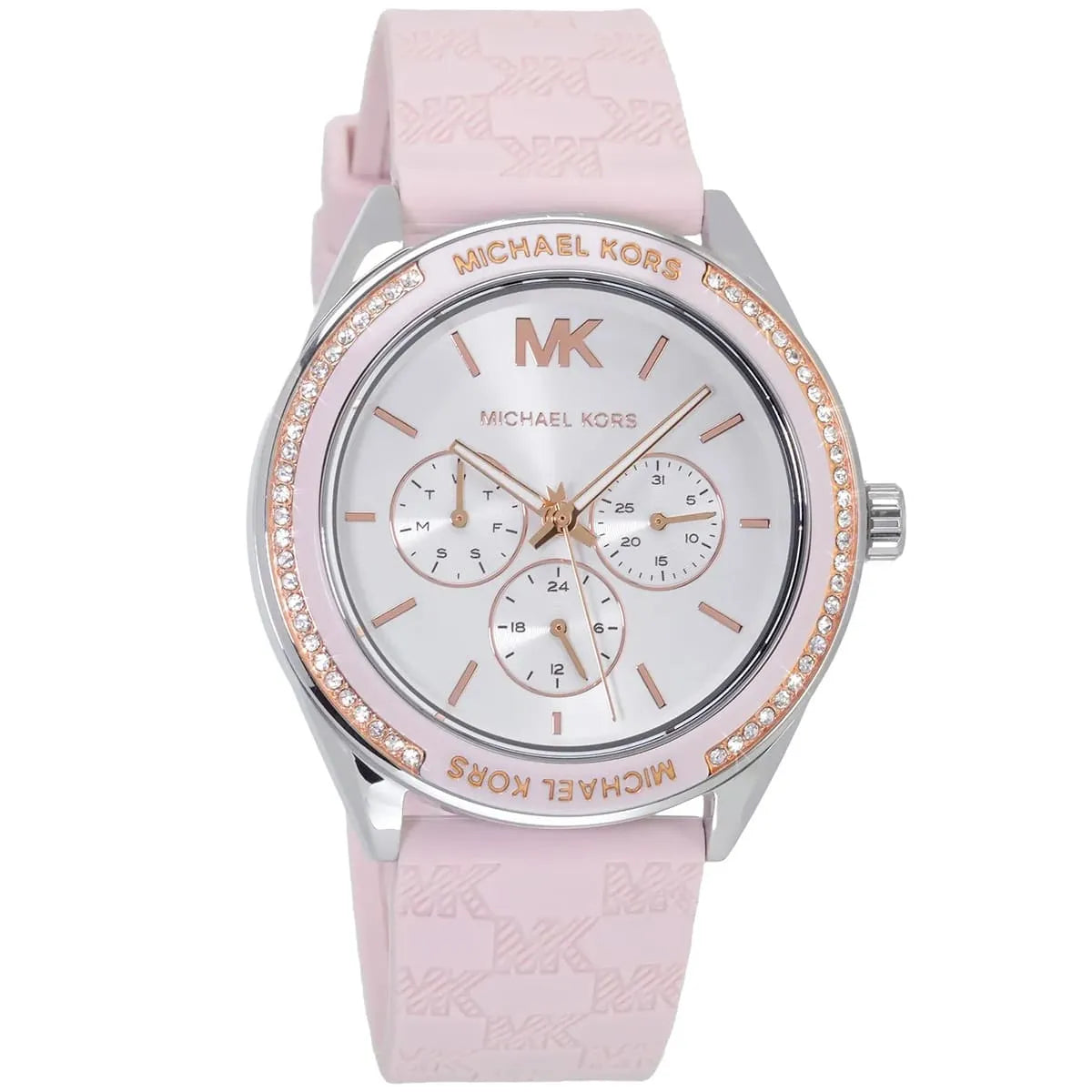 Michael Kors Jessa watch three-subdial multifunction chronograph face with rose gold accents