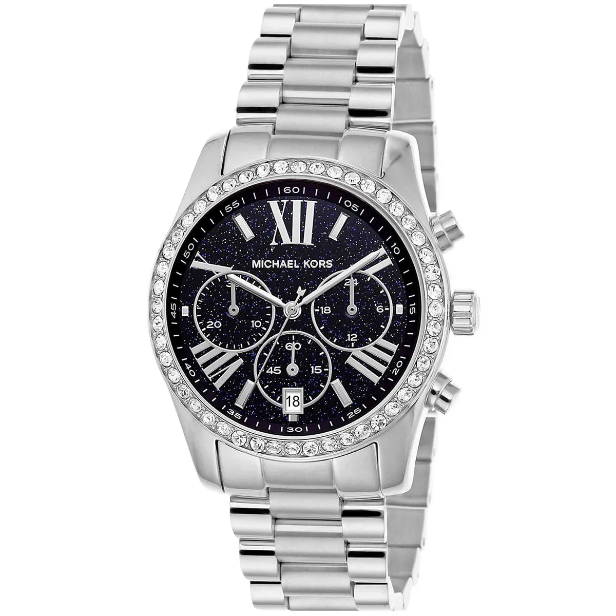 Michael Kors Lexington chronograph women's watch at angle view with stainless steel strap