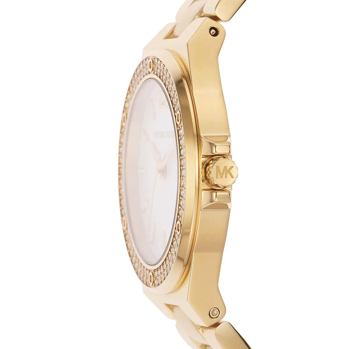 Michael Kors Mini Lennox side profile displaying case thickness and gold metal band