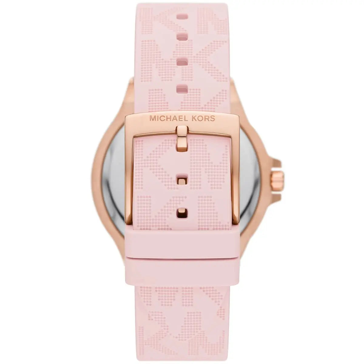 Angled view of Lennox MK7282 watch face with rose gold case and pink monogram strap