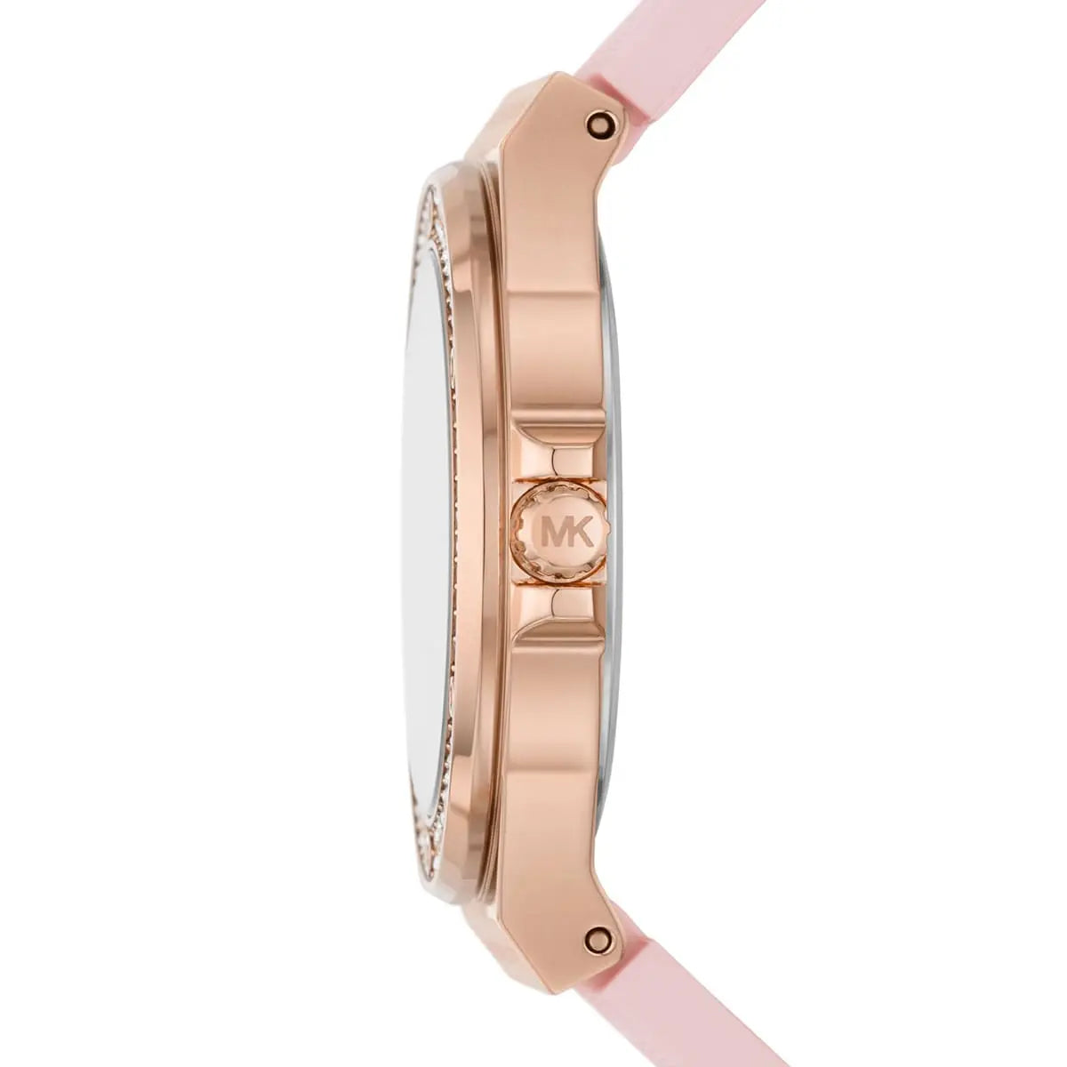 Side view of MK7282 showing rose gold case with Michael Kors logo and pink silicone strap