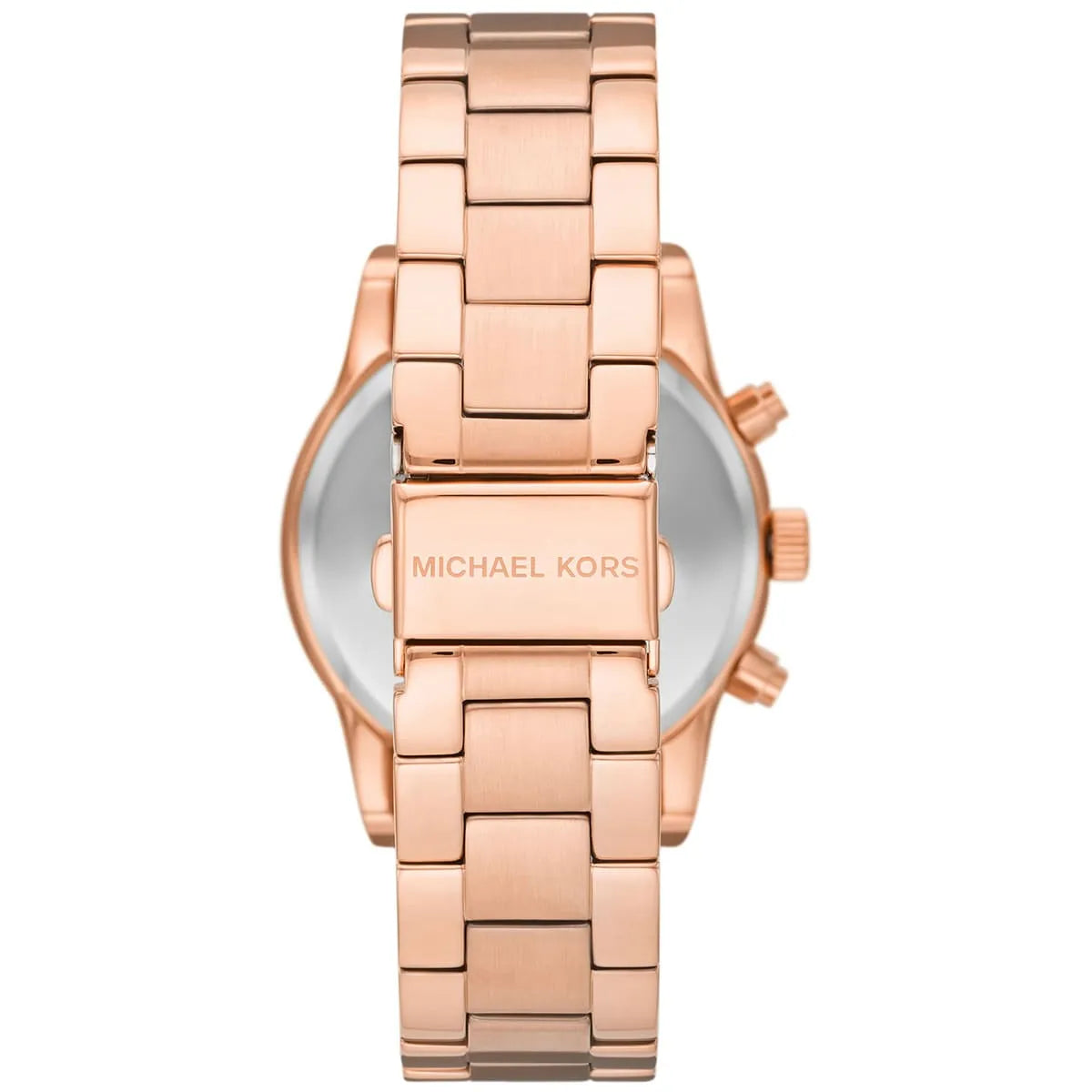 Michael Kors Ritz watch caseback displaying stainless steel back with brand name engraving