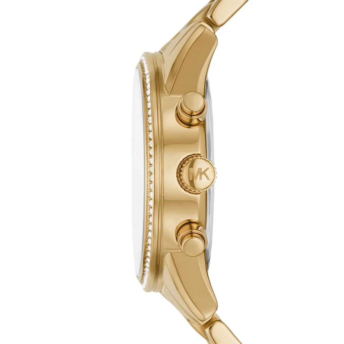 Michael Kors Ritz side profile showing gold-tone case, crystal dial, and chronograph pushers