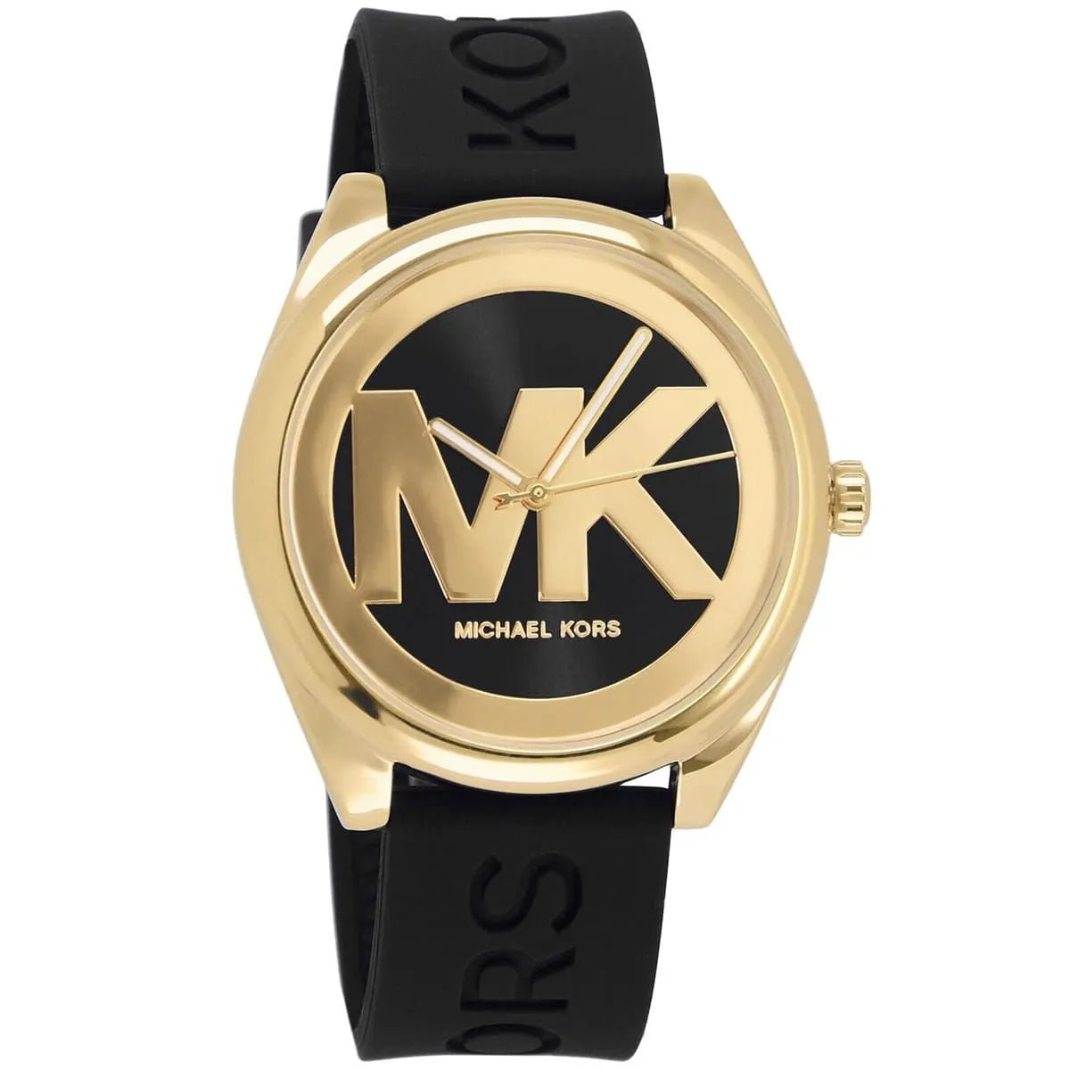 Michael Kors Janelle watch angled view showing gold-tone case and black silicone strap with MK branding