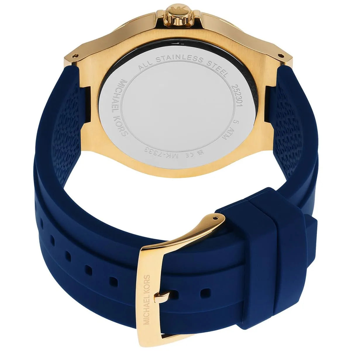 Caseback detail of Michael Kors MK7333 showing stainless steel construction and movement specifications