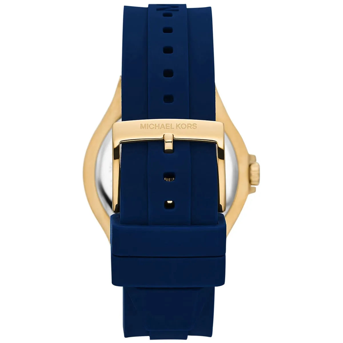 Back of Michael Kors MK7333 Lennox watch showing gold-tone case and blue silicone strap attachment