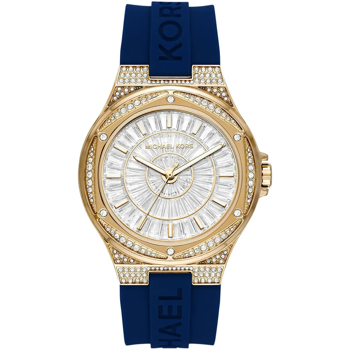 Michael Kors Oversized Lennox Pavé watch with gold-tone case, crystal bezel, white dial, and blue silicone strap