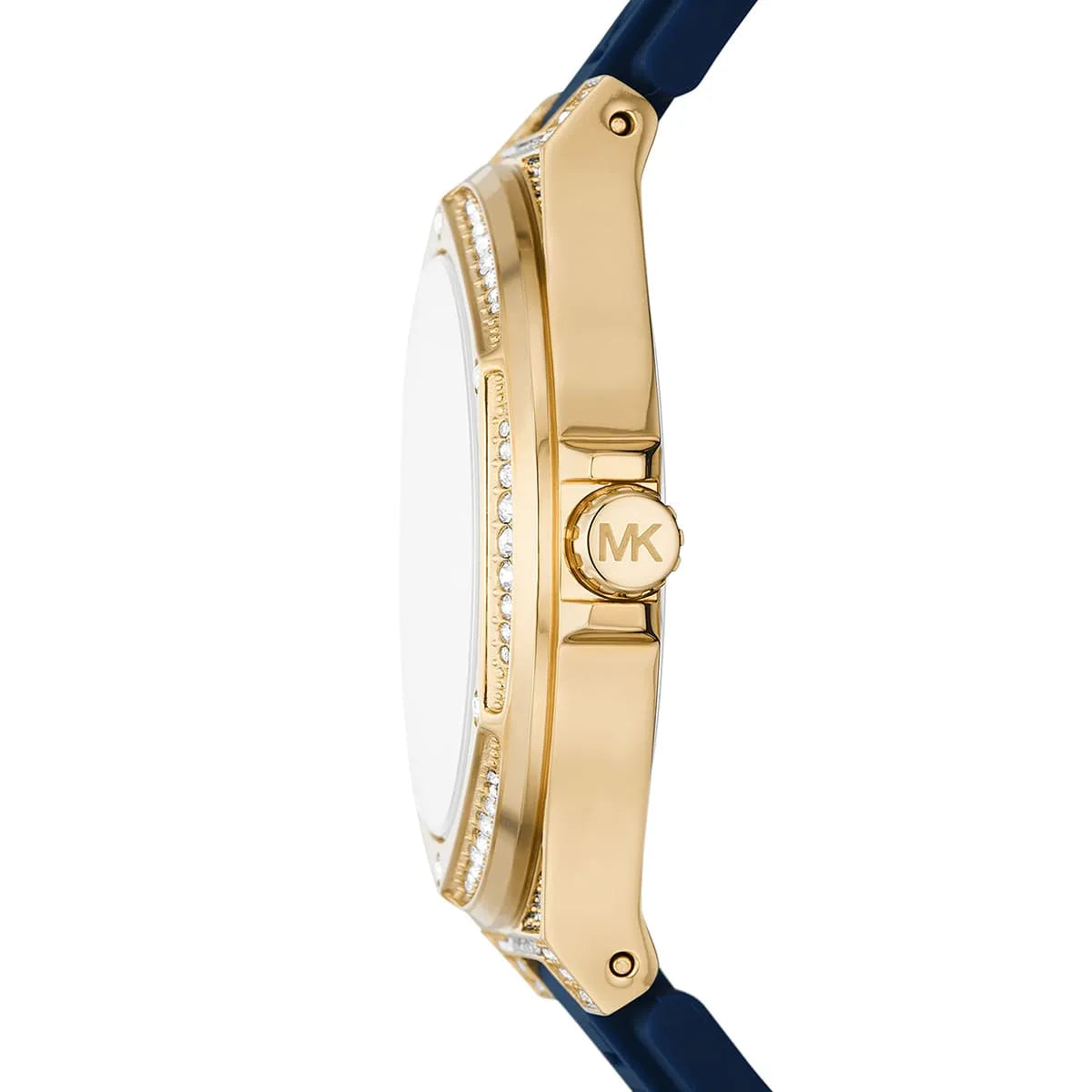 Side profile of Michael Kors MK7333 watch showing gold-tone case thickness and blue silicone strap