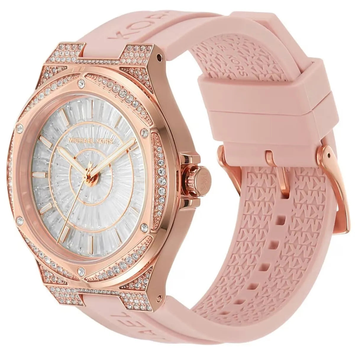 Michael Kors Lennox watch three-quarter view showing rose gold case and pink rubber strap