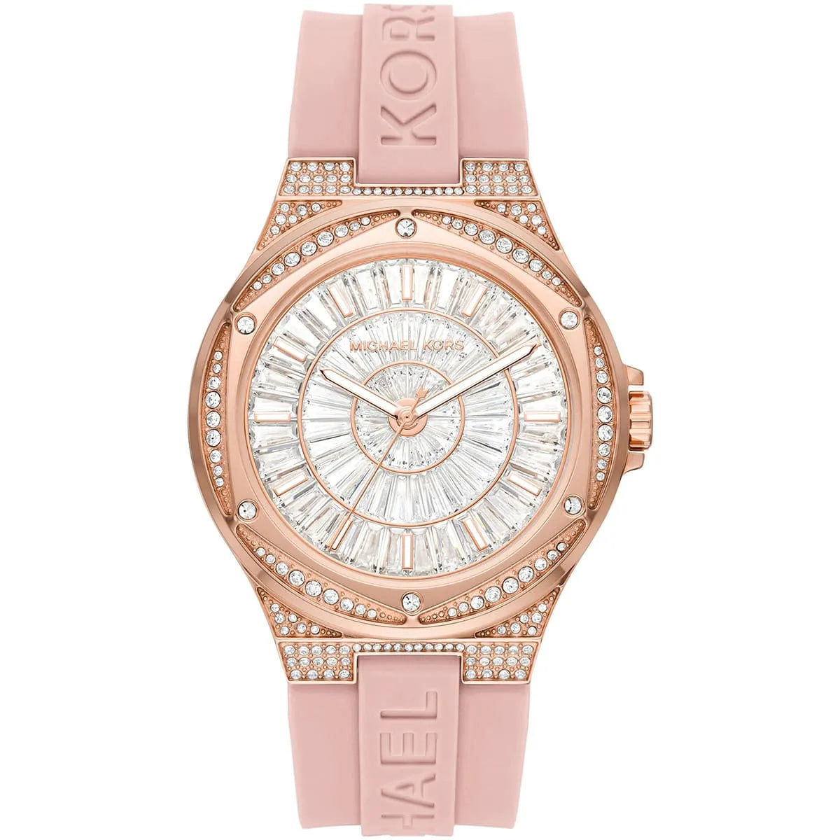 Michael Kors Lennox rose gold pavé watch with white dial and pink silicone strap