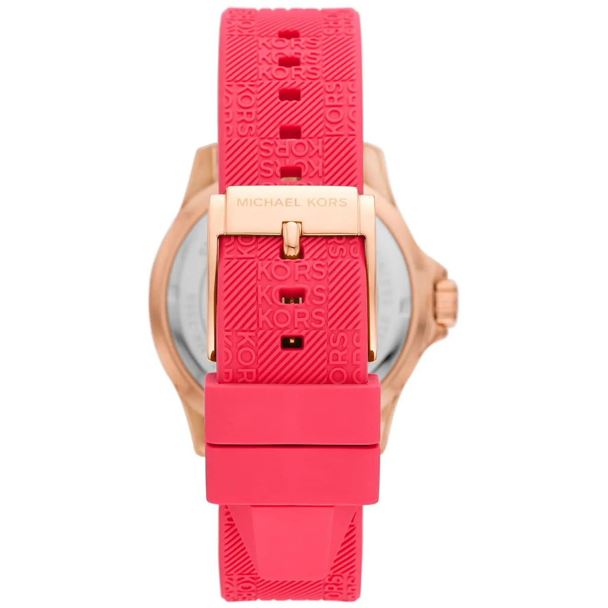 Michael Kors Everest watch caseback showing engraved branding and rose gold case