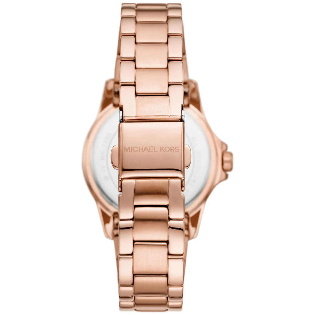 Back view of Michael Kors MK7364 watch showing rose gold-tone stainless steel caseback