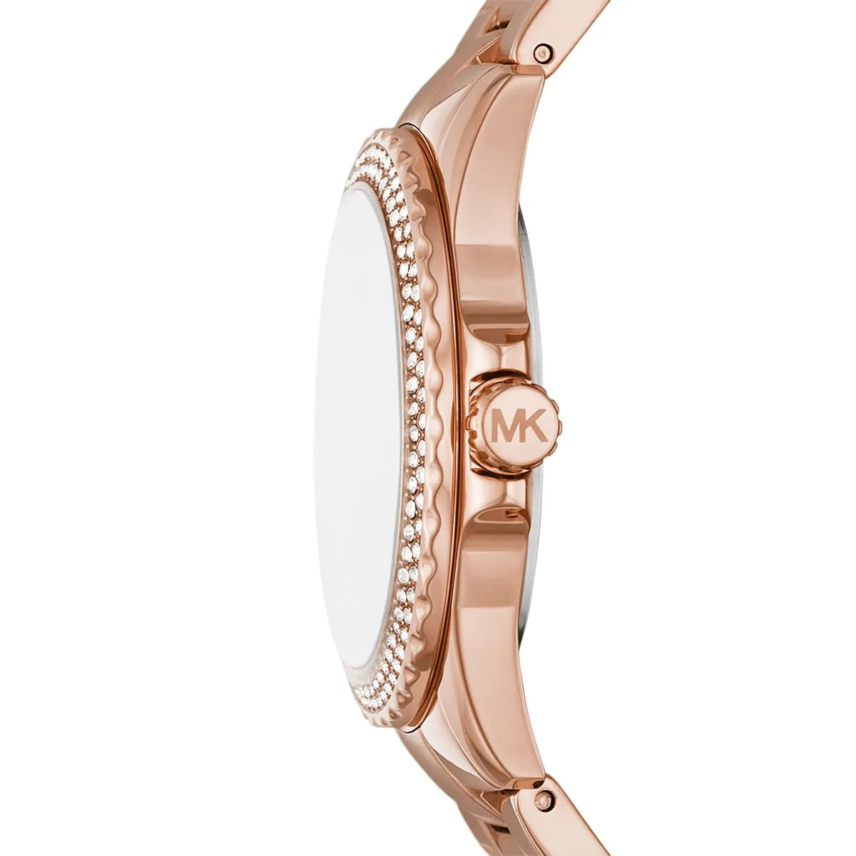 Side view of Michael Kors MK7364 watch with rose gold-tone metal bracelet and crystal bezel