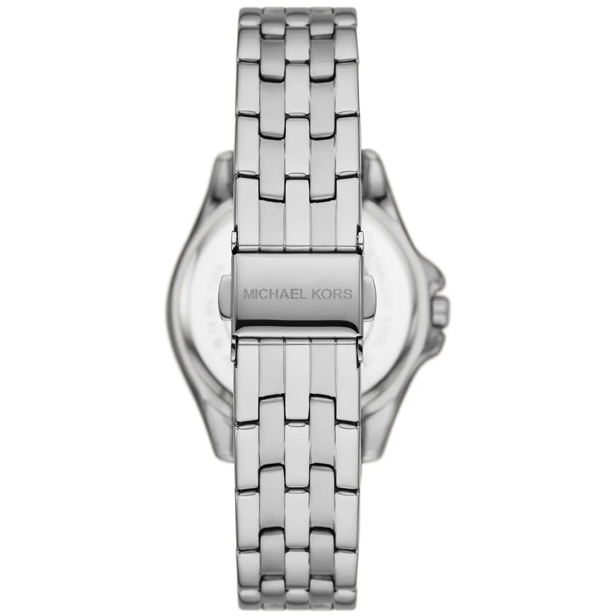 Michael Kors Mini Pilot MK7368 watch caseback showing stainless steel strap and engraved case