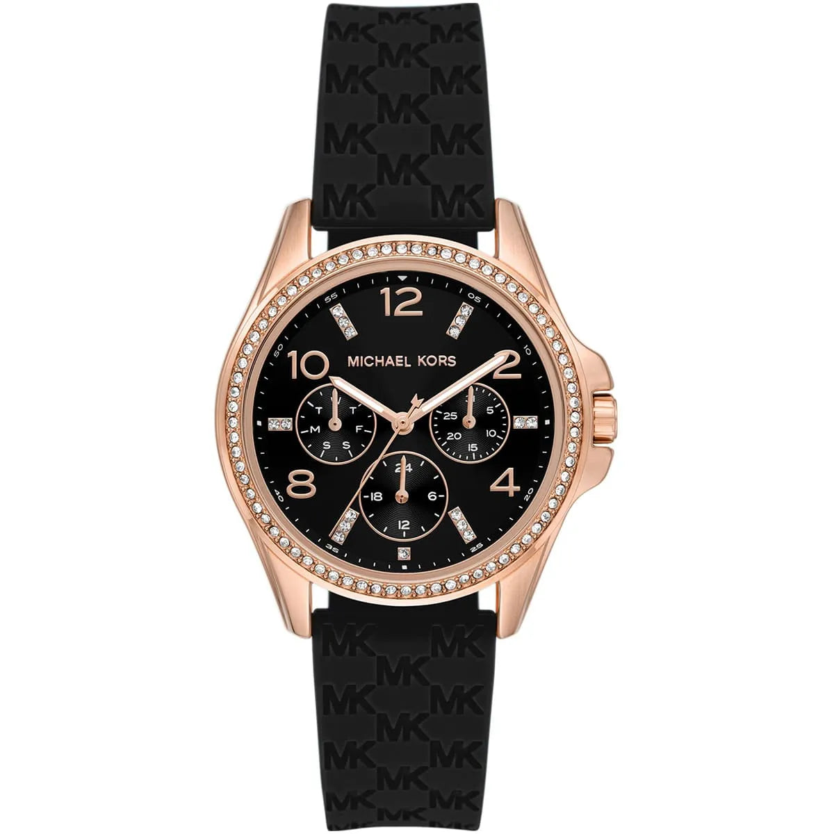 Michael Kors Mini Pilot Pavé Rose Gold Black Silicone Women's Watch - MK7373