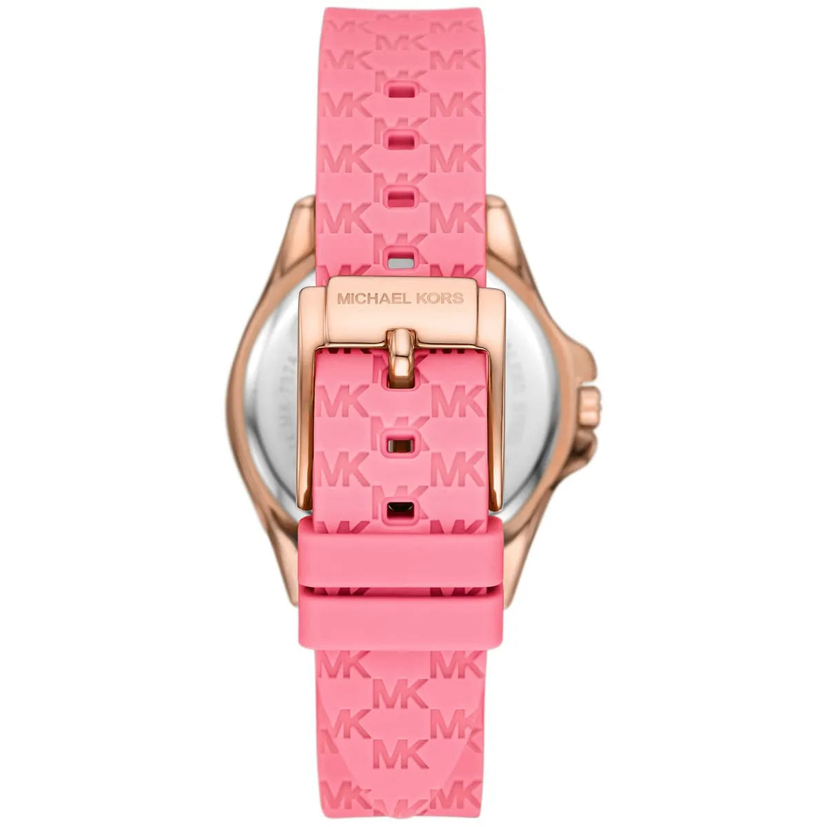 Michael Kors MK7375 chronograph watch worn on wrist with pink silicone strap